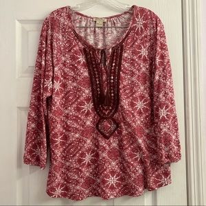 Lucky Brand Boho Peasant Top Embroidered Front Tassels Size M